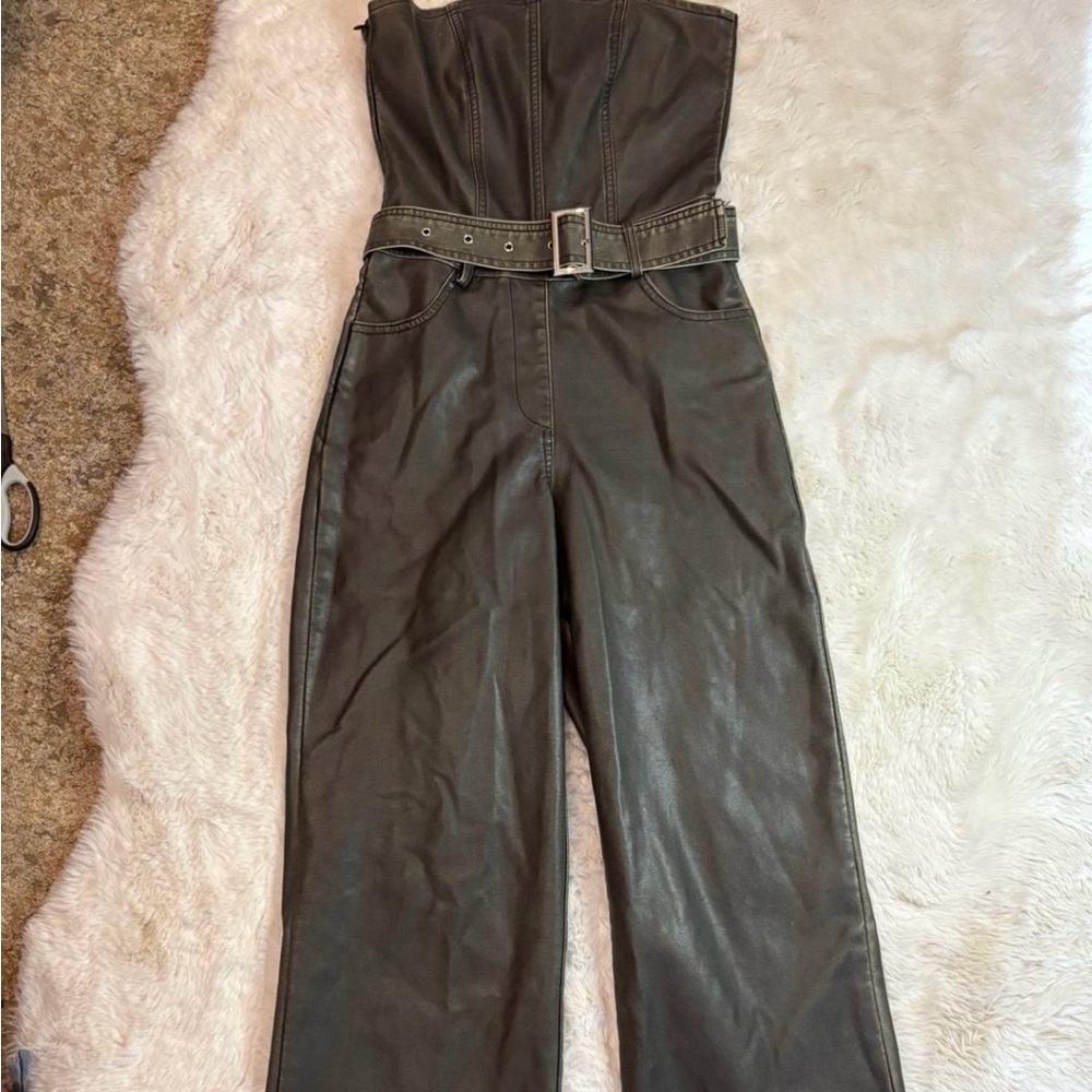 PrettyLittleThing Strapless Faux Leather Belted Jumpsuit - Black